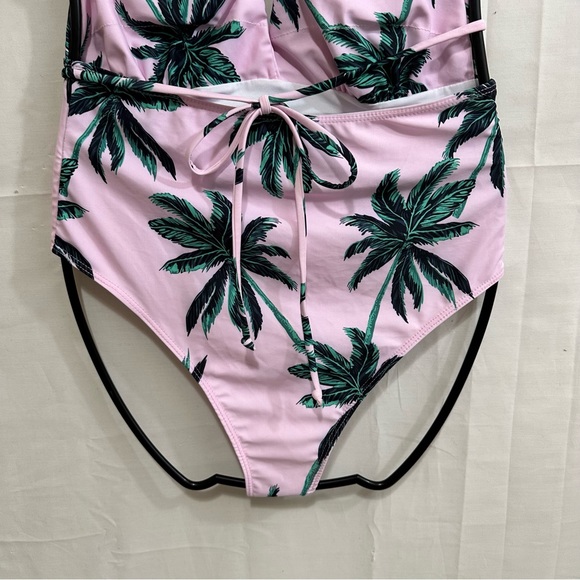 Shein Womens Pink Deep V One Piece Swimsuit with Palm Trees Size Medium (6) - Picture 3 of 9